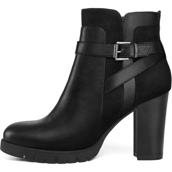 Shoes - Women's Buckle Black Ankle Boots Chunky Stacked Heel Side Zipper Classic Boots